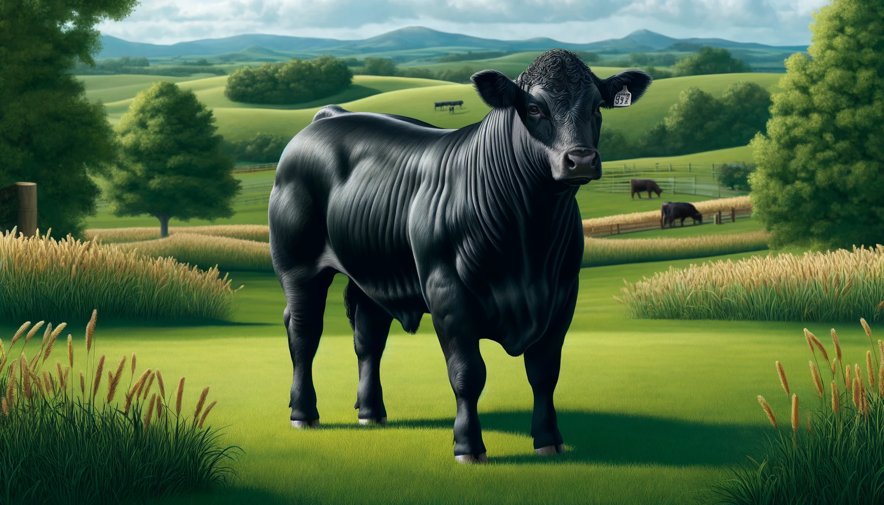 Angus Cattle A detailed and photorealistic illustration of a Black Angus cow. The scene features a healthy and robust Black Angus cow standing in a lush green past (1)