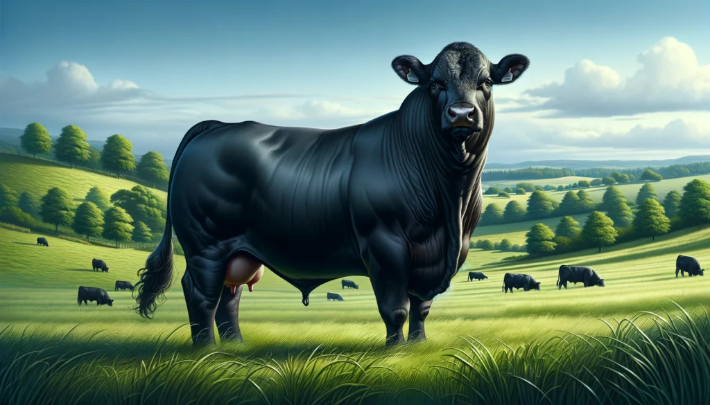 Angus Cattle A detailed and photorealistic illustration of a Black Angus cow. The scene features a healthy and robust Black Angus cow standing in a lush green past (2)